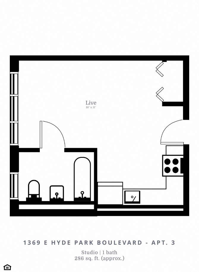Floor plan for studio, 1 bath, 286 sqft